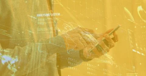 Image of data processing over man using smartphone 스톡 사진
