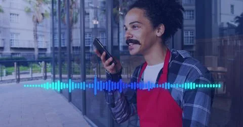 Image of data processing over man using smartphone Stock Photos