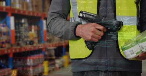 Image of data processing over man working in warehouse Stock Photos