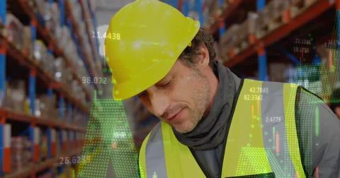 Image of data processing over man working in warehouse Stock Photos