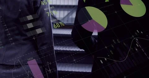 Image of data processing over man getting out of and statistical Foto stock