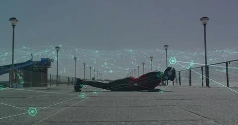 Image of data processing over man doing press ups, exercising outdoors Stock Photos