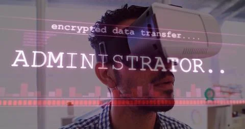 Image of data processing over man using vr headset Stock Photos