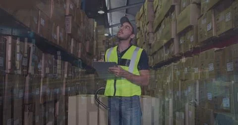 Image of data processing over man working in warehouse Stock Photos