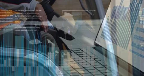 Image of data processing over man in forklift working in warehouse Stock Photos