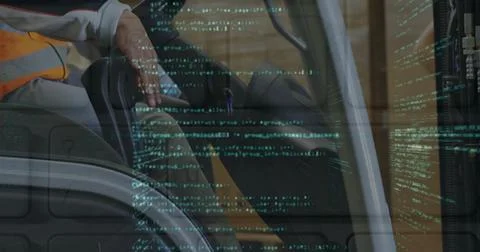 Image of data processing over man in forklift working in warehouse Stock Photos