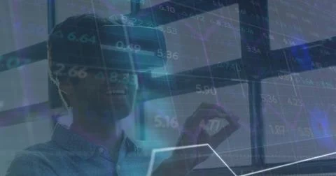 Image of data processing over man wearing vr headset Foto stock