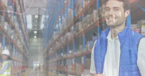 Image of data processing over man writing on clipboard in warehouse Stock Photos