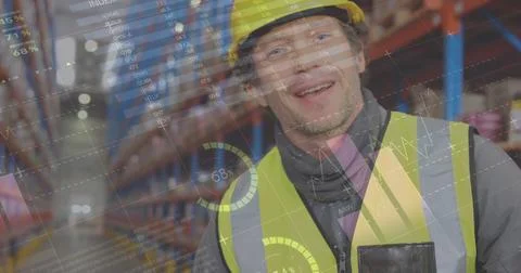 Image of data processing over man working in warehouse 스톡 사진