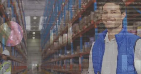 Image of data processing over man writing on clipboard in warehouse 스톡 사진