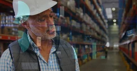 Image of data processing over man working in warehouse 스톡 사진