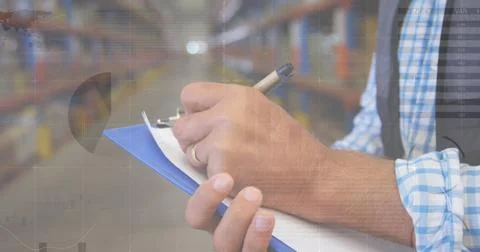 Image of data processing over man working in warehouse Stock Photos