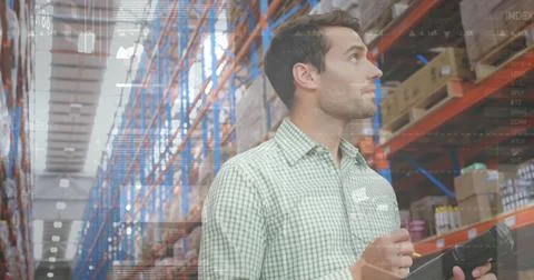 Image of data processing over man working in warehouse 스톡 사진