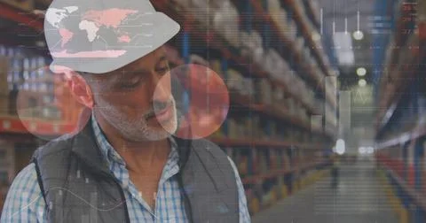 Image of data processing over man working in warehouse Stock Photos