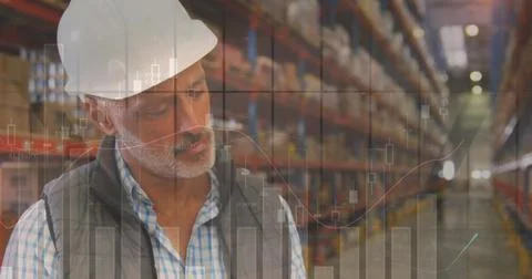 Image of data processing over man working in warehouse Stock Photos