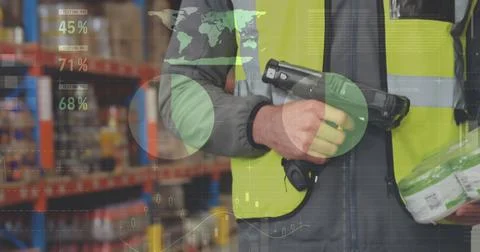 Image of data processing over man working in warehouse 写真素材