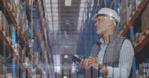 Image of data processing over man working in warehouse Stock Photos