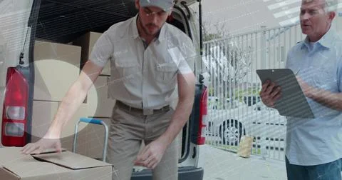 Image of data processing over man packing boxes into car Stock Photos