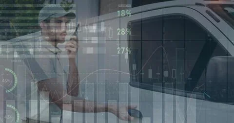 Image of data processing over man getting out of car Stock Photos