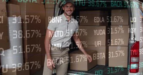Image of data processing over man packing boxes into car Stock Photos