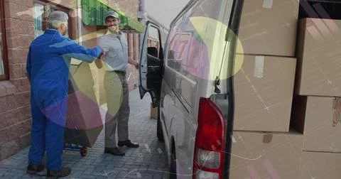 Image of data processing over man packing boxes into car Stock Photos