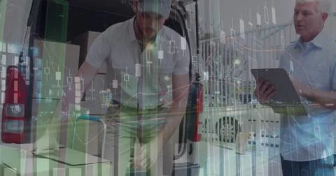 Image of data processing over man packing boxes into car Foto stock