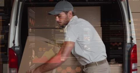 Image of data processing over man packing boxes into car 스톡 사진