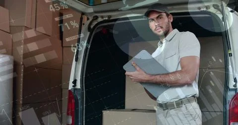 Image of data processing over man packing boxes into car Stock Photos