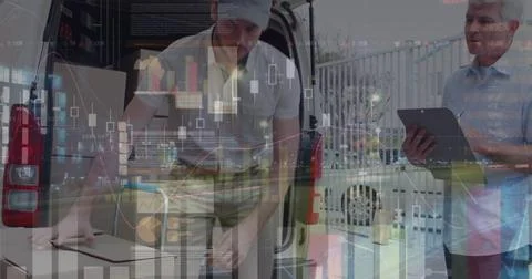 Image of data processing over man packing boxes into car Foto stock