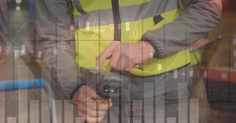Image of data processing over man working in warehouse Stock Photos