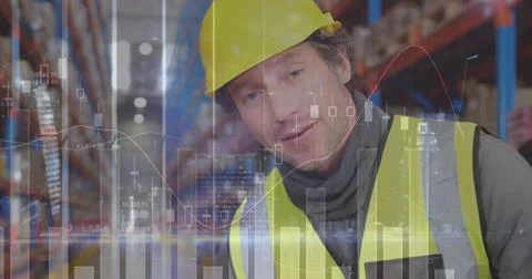 Image of data processing over man working in warehouse Stock Photos