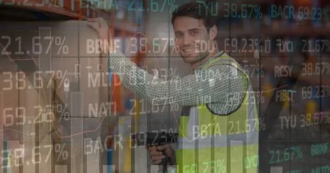 Image of data processing over man working in warehouse 写真素材