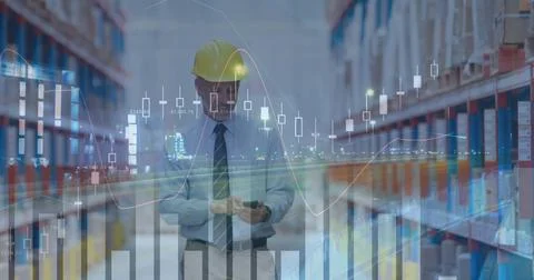 Image of data processing over man talking on smartphone working in warehouse Foto stock