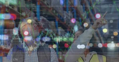 Image of data processing over man and woman talking, working in warehouse Stock Photos