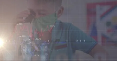 Image of data processing over man wearing face mask using microphone Stock Photos