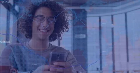 Image of data processing over man using smartphone 스톡 사진