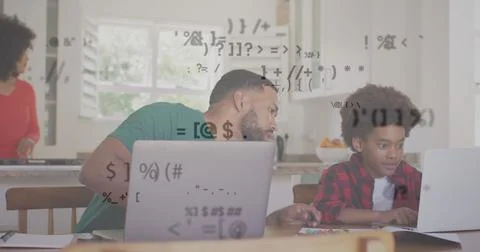 Image of data processing over man and son using laptops Foto stock