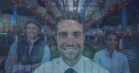Image of data processing over man working in warehouse Stock Photos
