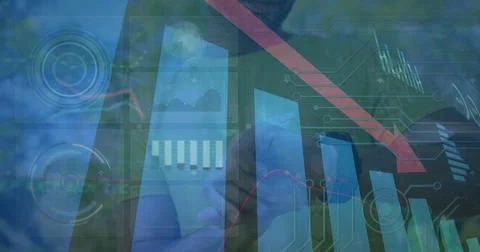 Image of data processing over man using smartwatch Foto stock