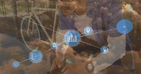 Image of data processing over man with bicycle 스톡 사진