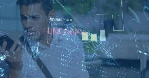 Image of data processing over man using smartphone Stock Photos