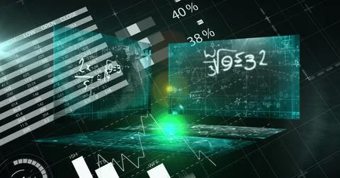 Image of data processing over mathematical equations on black background Stockillustratie