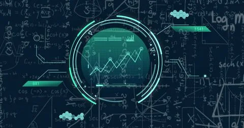 Image of data processing over mathematical equations on black background Stock Photos