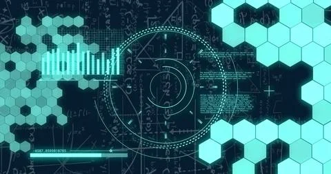 Image of data processing over mathematical equations on black background 스톡 사진