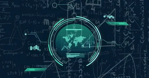 Image of data processing over mathematical equations on black background Foto stock
