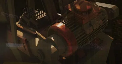 Image of data processing over mechanism of a working machine against sunset sky 库存照片