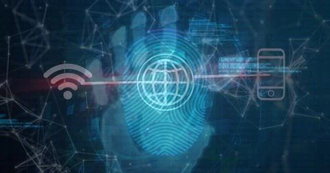 Image of data processing over media icons Foto stock