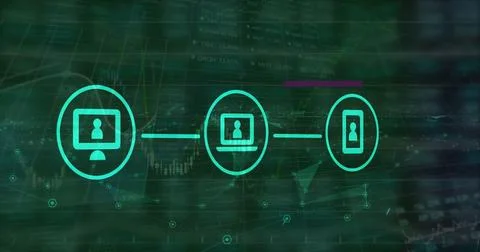 Image of data processing over media icons Foto stock