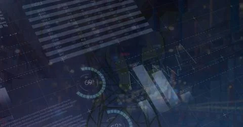 Image of data processing over media icons and pylon Foto stock