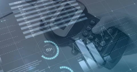 Image of data processing over media icons and hand paying with credit card Stockfoto's